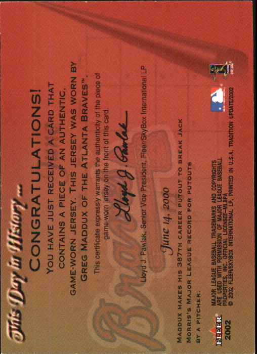 2002 Fleer Tradition Update This Day In History Game Used #13 Greg Maddux Jsy back image