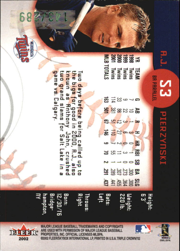 2002 Fleer Triple Crown Batting Average Parallel #53 A.J. Pierzynski/289 back image