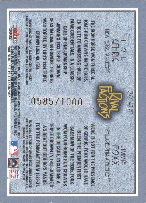 2002 Fleer Fall Classics Rival Factions #3 J.Foxx/L.Gehrig back image