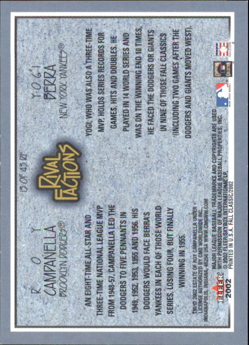 2002 Fleer Fall Classics Rival Factions Retail #13 Y.Berra/R.Campanella back image