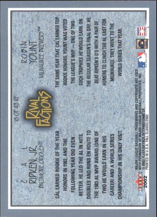 2002 Fleer Fall Classics Rival Factions Retail #18 C.Ripken/R.Yount back image