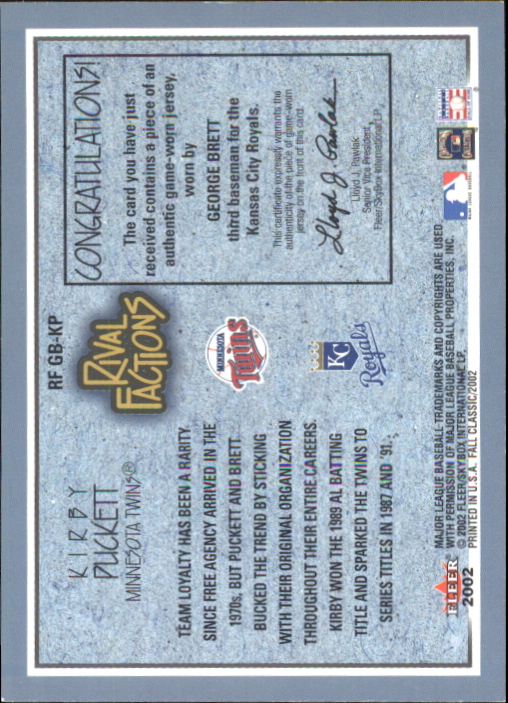 2002 Fleer Fall Classics Rival Factions Game Used #6 George Brett Jsy-Kirby/200 back image