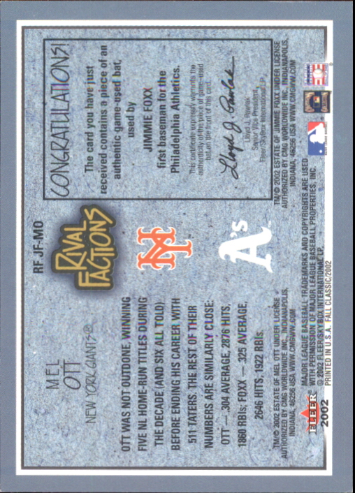2002 Fleer Fall Classics Rival Factions Game Used #16 Jimmie Foxx Bat-Ott/100 back image