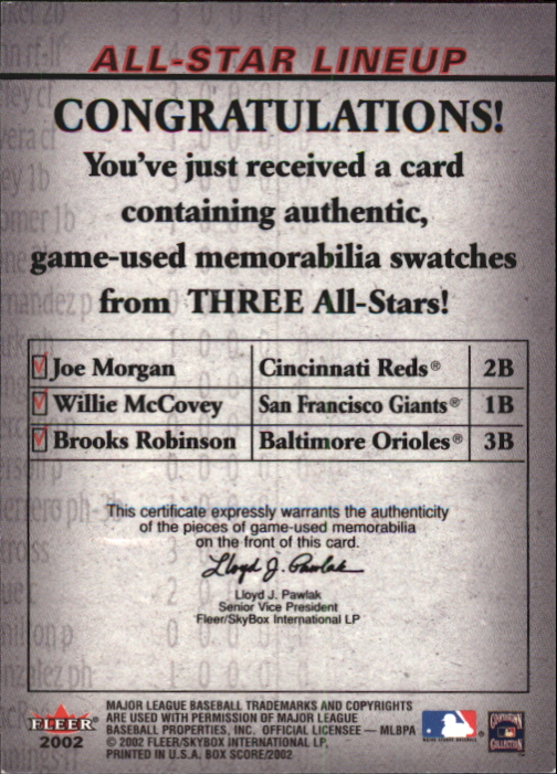 2002 Fleer Box Score All-Star Lineup Game Used #2 Joe Morgan Bat/Willie McCovey Jsy/Brooks Robinson Bat back image