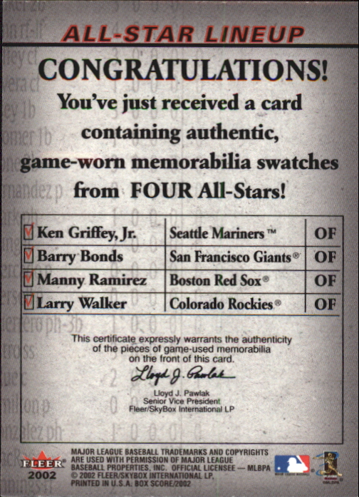 2002 Fleer Box Score All-Star Lineup Game Used #10 Ken Griffey Jr Base/Barry Bonds Bat/Manny Ramirez Jsy/Larry Walker Jsy back image