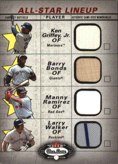 2002 Fleer Box Score All-Star Lineup Game Used #10 Ken Griffey Jr Base/Barry Bonds Bat/Manny Ramirez Jsy/Larry Walker Jsy