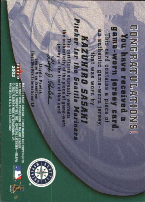 2002 Fleer Box Score Amazing Greats Single Swatch #13 Kazuhiro Sasaki back image