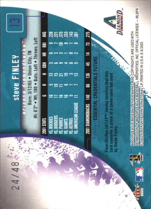 2002 E-X Essential Credentials Future #13 Steve Finley Bat/48 back image