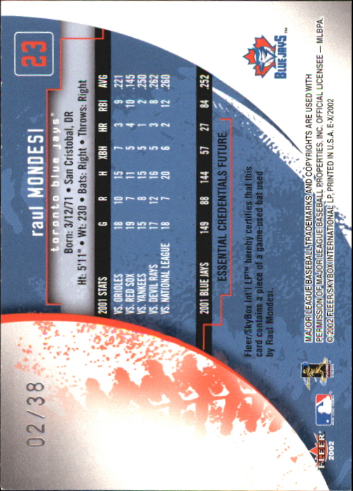 2002 E-X Essential Credentials Future #23 Raul Mondesi Bat/38 back image