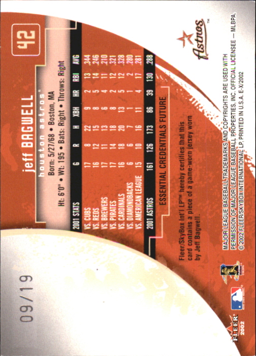 2002 E-X Essential Credentials Future #42 Jeff Bagwell Jsy/19 back image