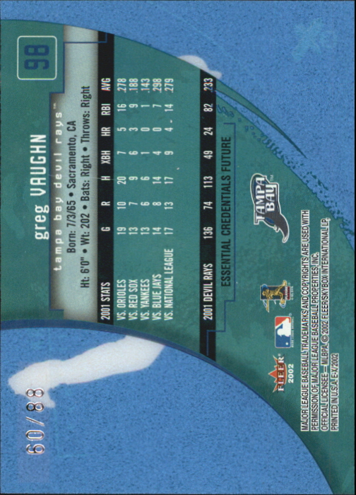 2002 E-X Essential Credentials Future #98 Greg Vaughn/88 back image