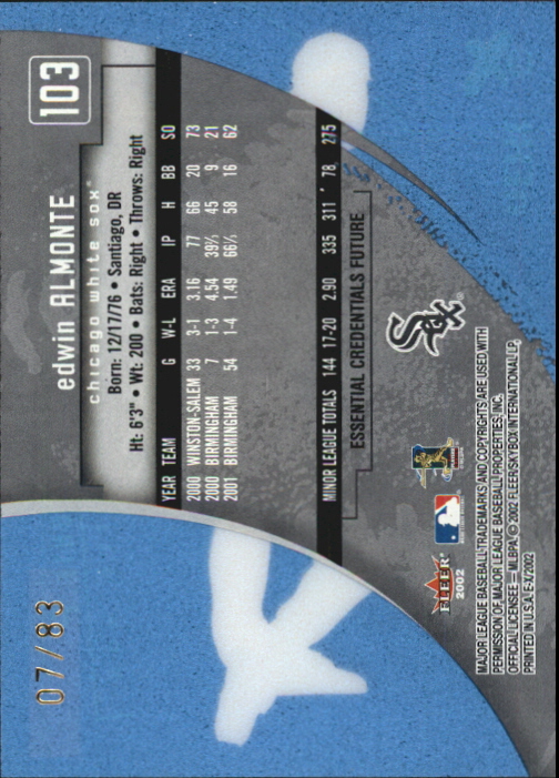 2002 E-X Essential Credentials Future #103 Edwin Almonte NT/83 back image