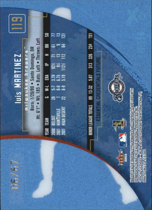 2002 E-X Essential Credentials Future #119 Luis Martinez NT/67