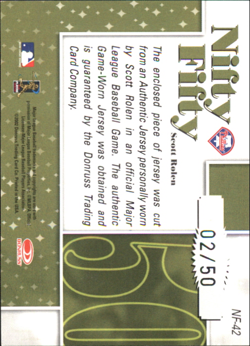2002 Donruss Originals Nifty Fifty Jerseys #42 Scott Rolen back image