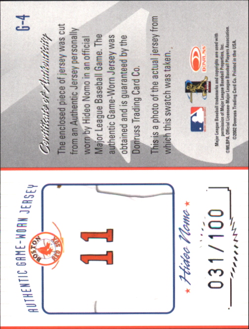 2002 Donruss Originals Gamers #4 Hideo Nomo Red Sox/100 back image