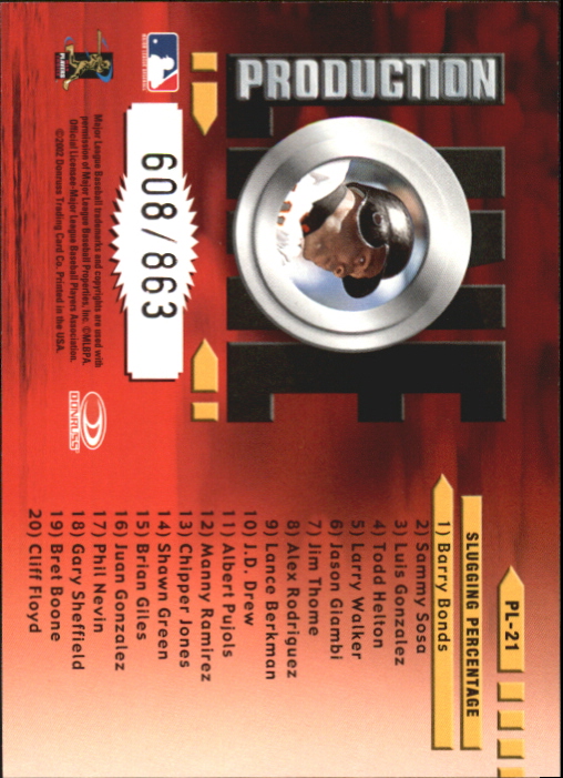2002 Donruss Production Line #21 Barry Bonds SLG/763* back image