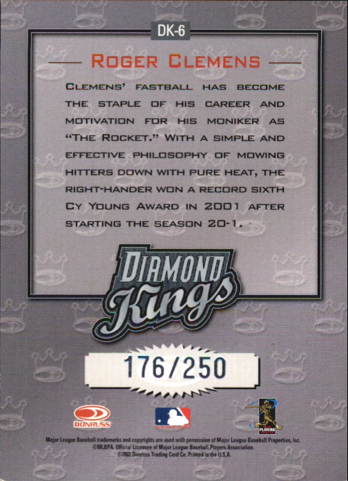 2002 Donruss Diamond Kings Inserts Studio Series #DK6 Roger Clemens back image