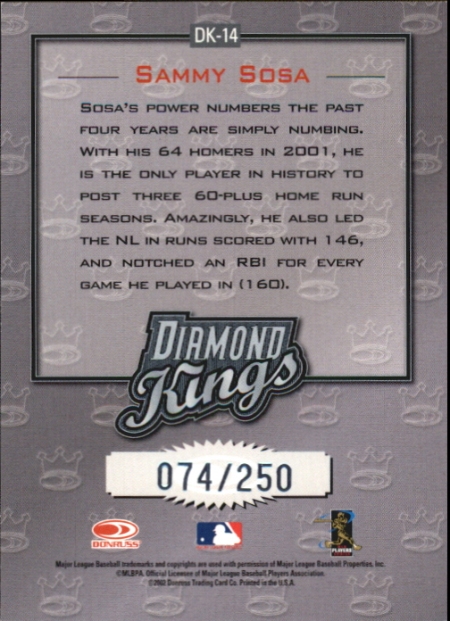 2002 Donruss Diamond Kings Inserts Studio Series #DK14 Sammy Sosa back image