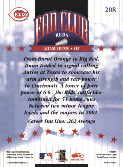 2002 Donruss Autographs #208 Adam Dunn FC/200 back image