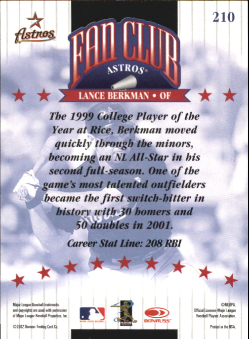 2002 Donruss Autographs #210 Lance Berkman FC/175 back image