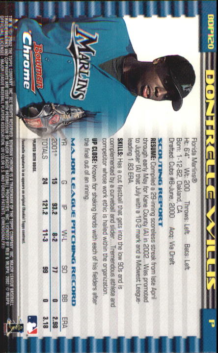 2002 Bowman Chrome Draft #120 Dontrelle Willis RC back image