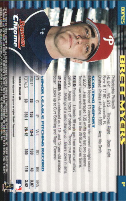 2002 Bowman Chrome Draft #125 Brett Myers back image