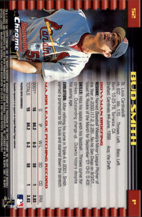 2002 Bowman Chrome #52 Bud Smith back image