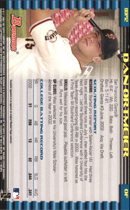 2002 Bowman Draft #BDP12 Dan Ortmeier RC back image