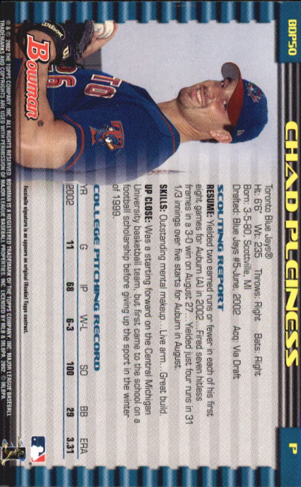 2002 Bowman Draft #BDP50 Chad Pleiness RC back image