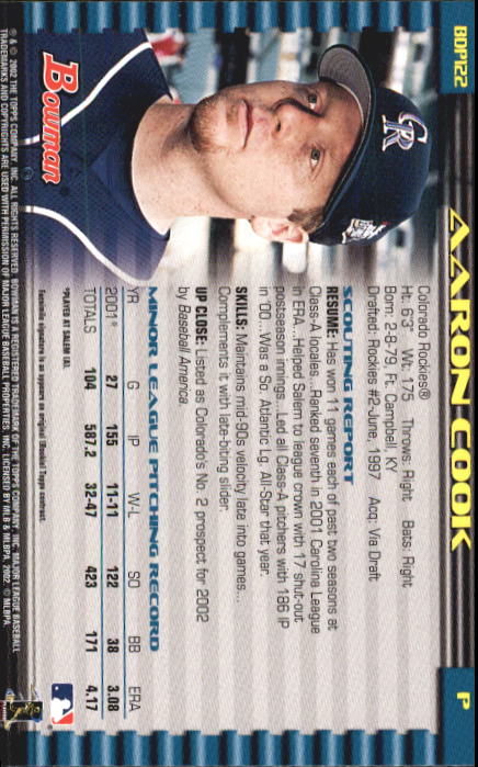 2002 Bowman Draft #BDP122 Aaron Cook back image