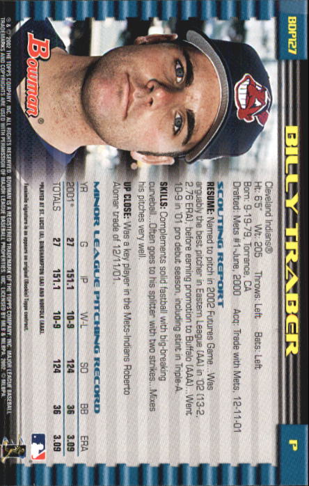 2002 Bowman Draft #BDP127 Billy Traber RC back image