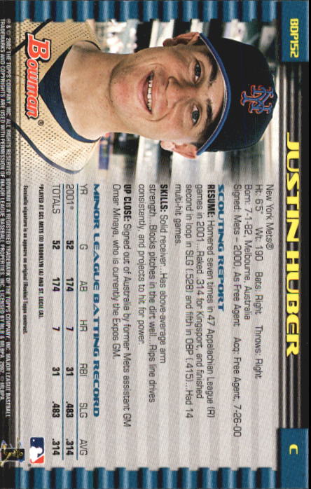 2002 Bowman Draft #BDP152 Justin Huber RC back image