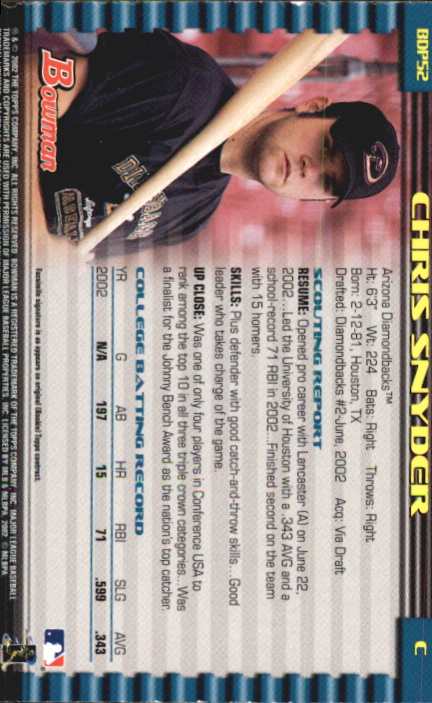 2002 Bowman Draft Gold #BDP52 Chris Snyder back image