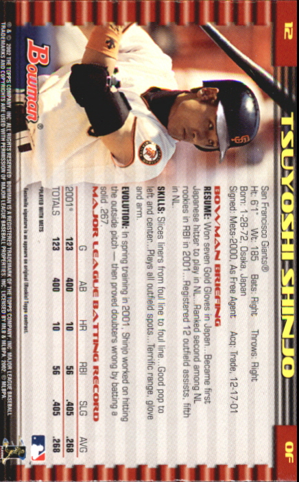 2002 Bowman Gold #12 Tsuyoshi Shinjo back image