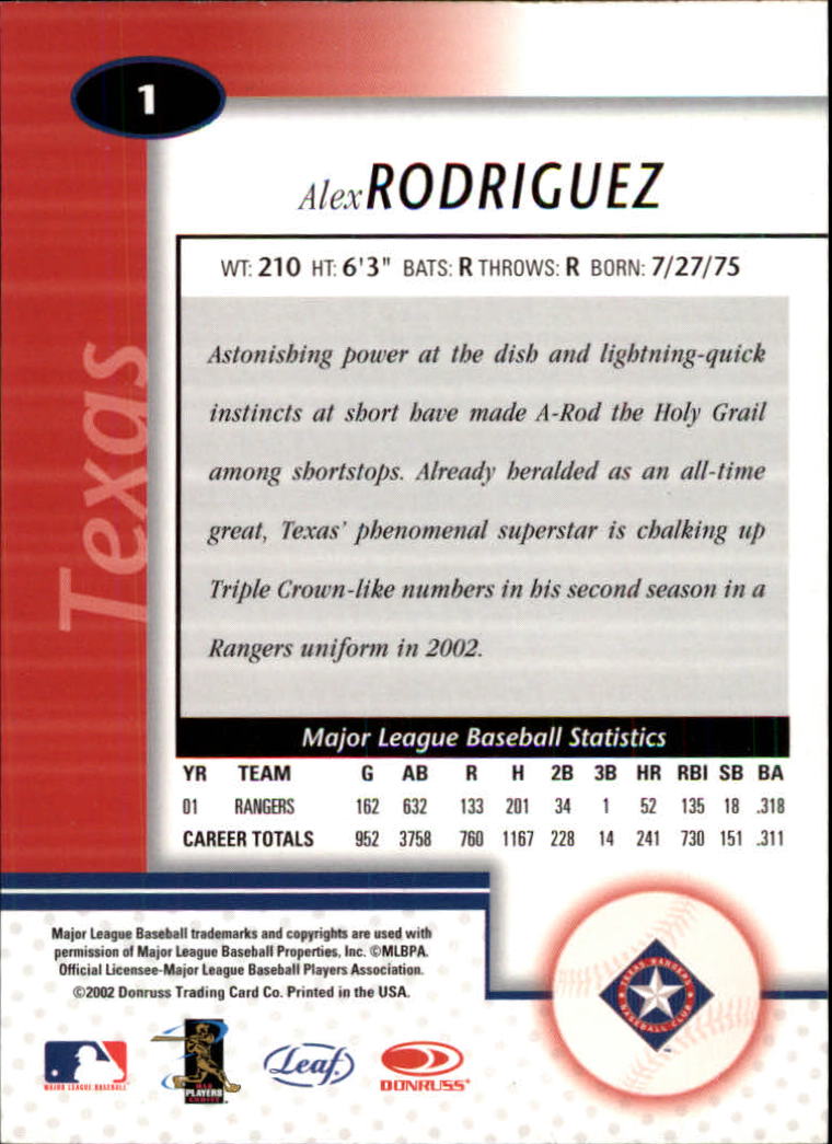 2002 Leaf Certified #1 Alex Rodriguez back image