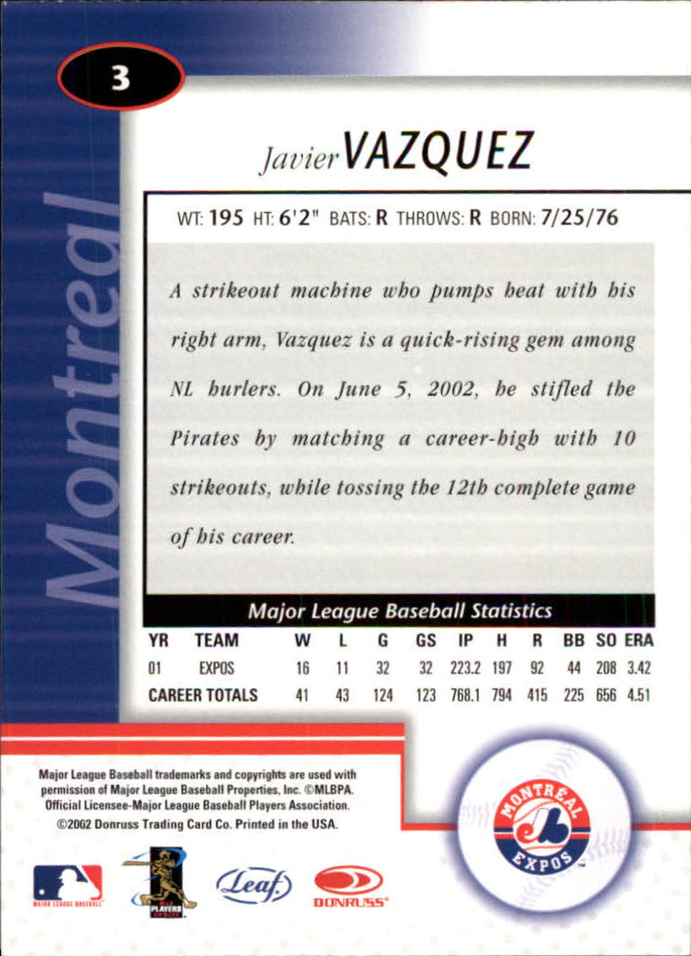 2002 Leaf Certified #3 Javier Vazquez back image