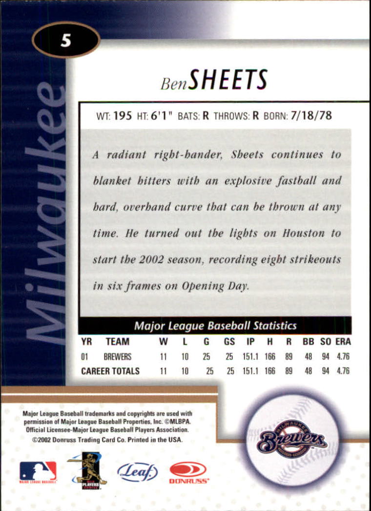 2002 Leaf Certified #5 Ben Sheets back image