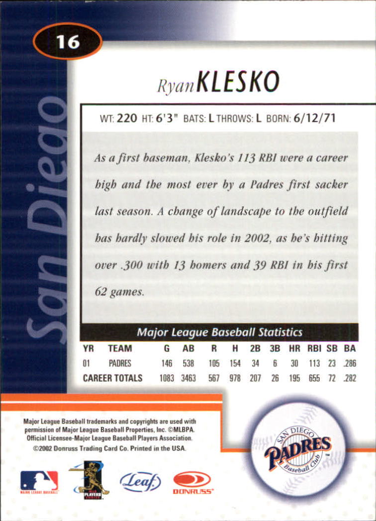 2002 Leaf Certified #16 Ryan Klesko back image