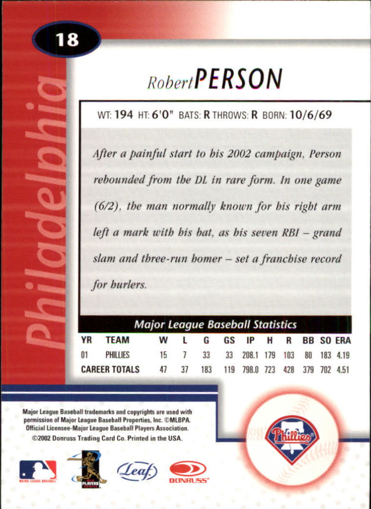 2002 Leaf Certified #18 Robert Person back image