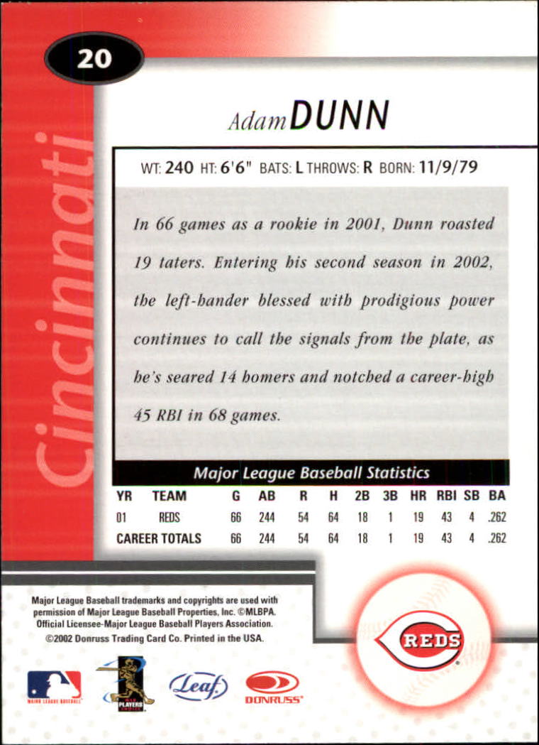 2002 Leaf Certified #20 Adam Dunn back image
