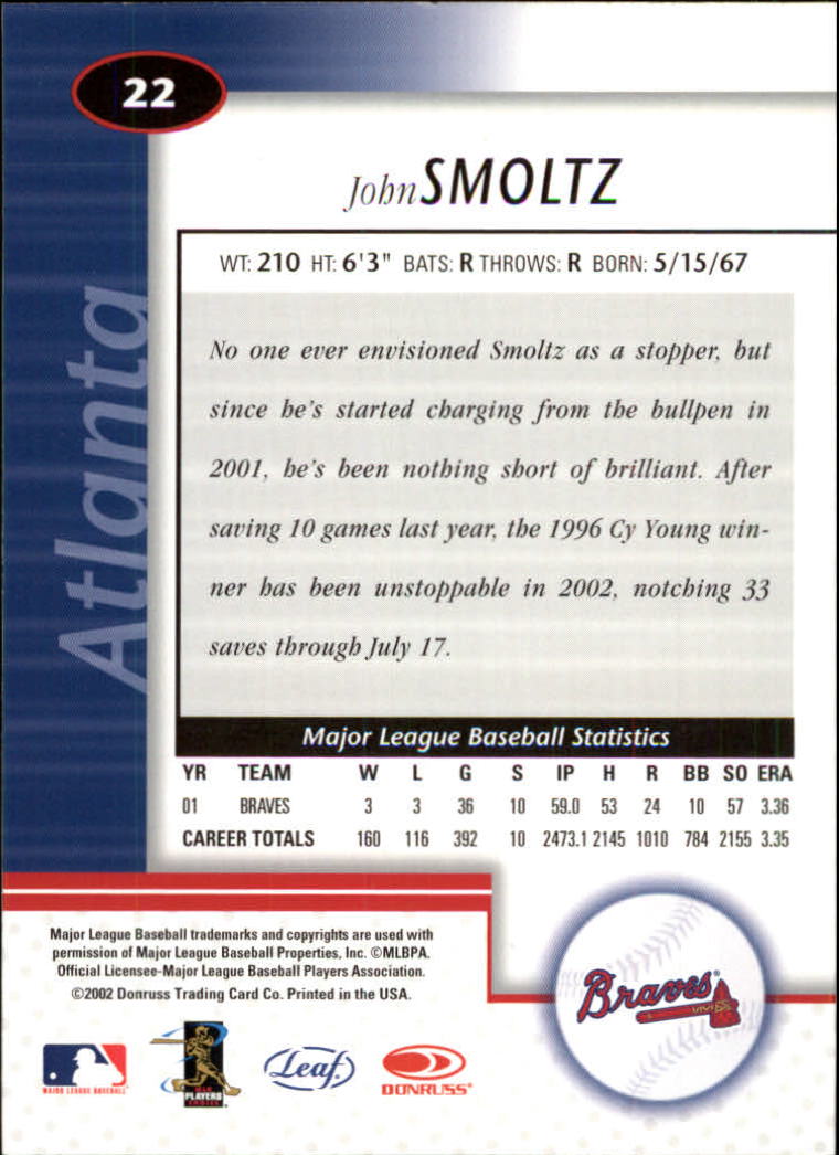 2002 Leaf Certified #22 John Smoltz back image