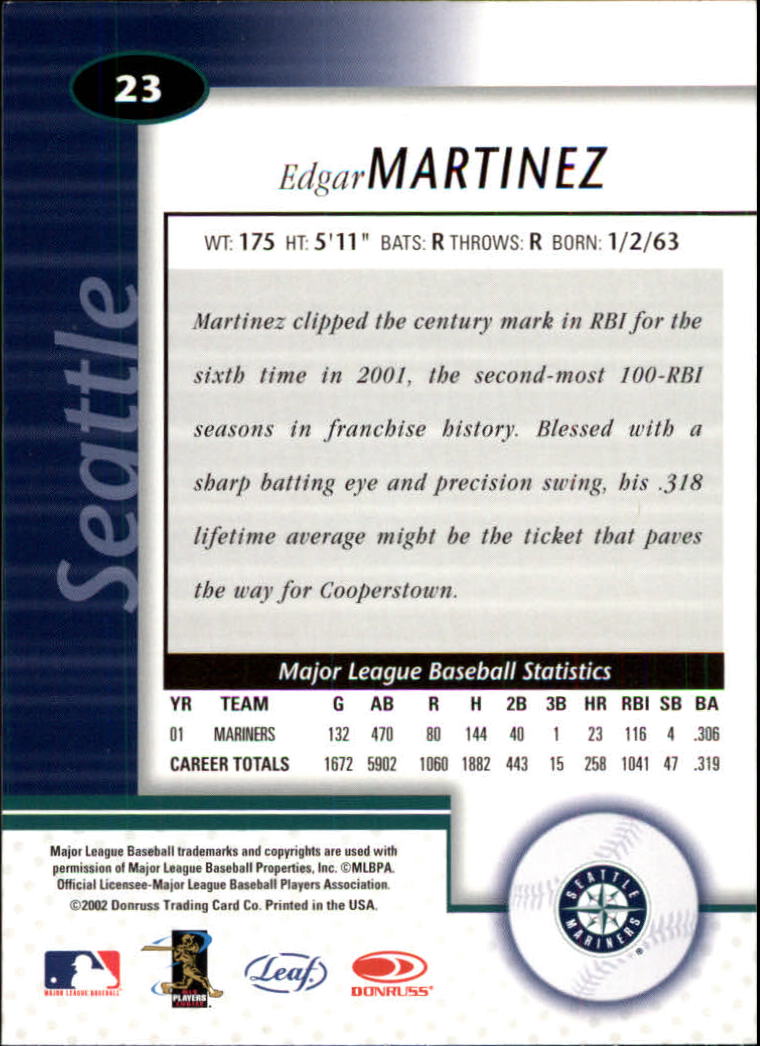 2002 Leaf Certified #23 Edgar Martinez back image
