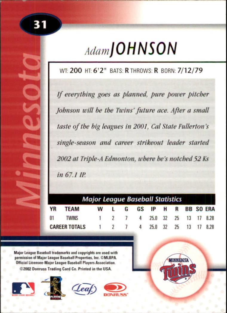 2002 Leaf Certified #31 Adam Johnson back image