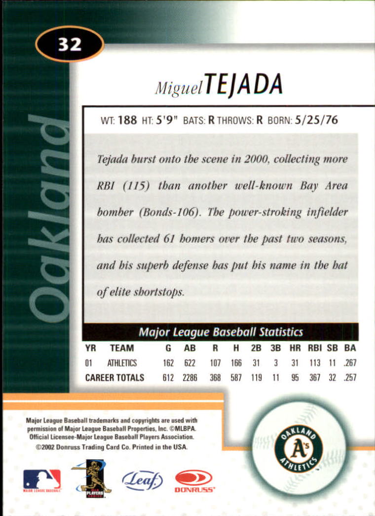 2002 Leaf Certified #32 Miquel Tejada back image
