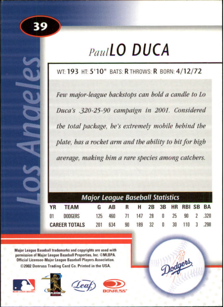2002 Leaf Certified #39 Paul LoDuca back image