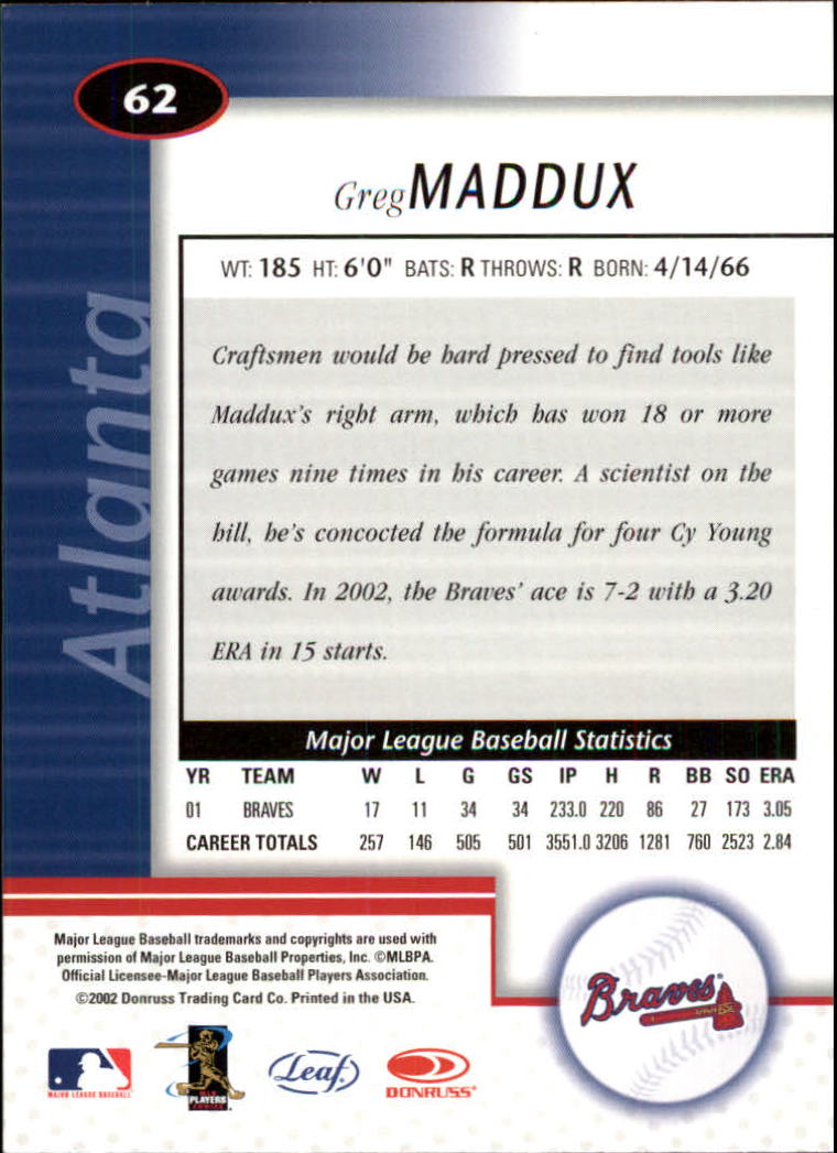 2002 Leaf Certified #62 Greg Maddux back image