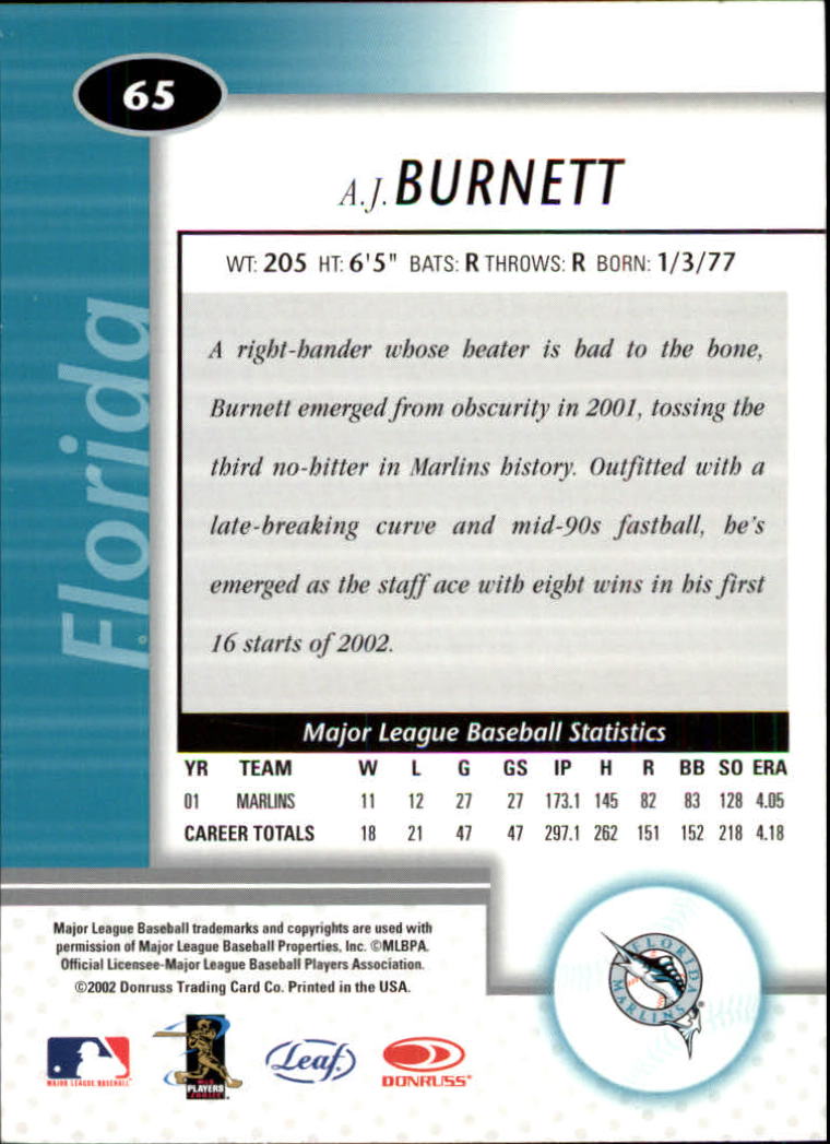 2002 Leaf Certified #65 A.J. Burnett back image