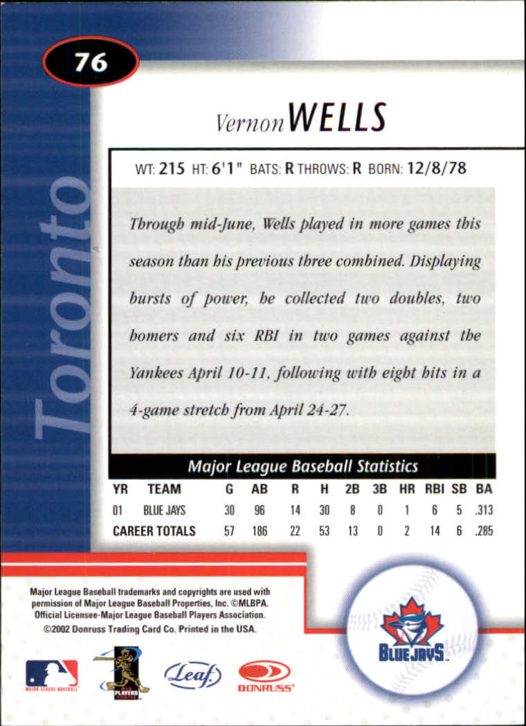 2002 Leaf Certified #76 Vernon Wells back image