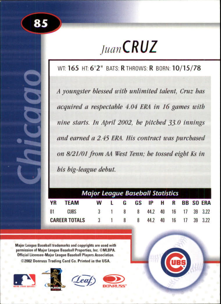 2002 Leaf Certified #85 Juan Cruz back image