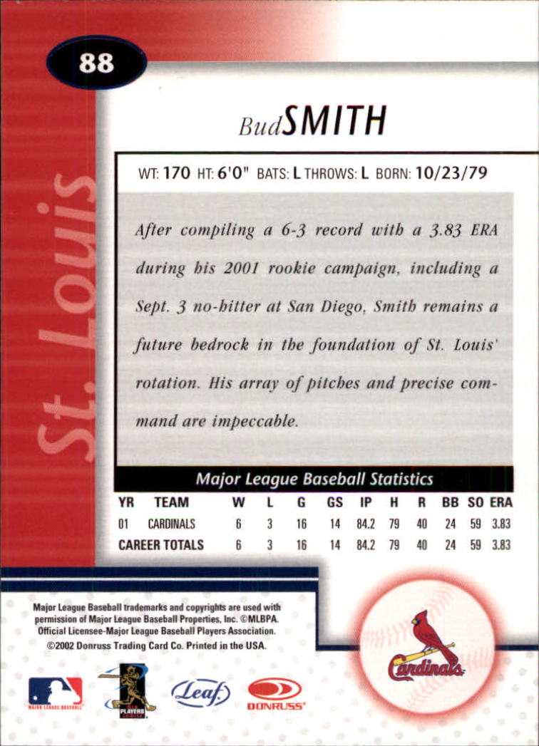 2002 Leaf Certified #88 Bud Smith back image